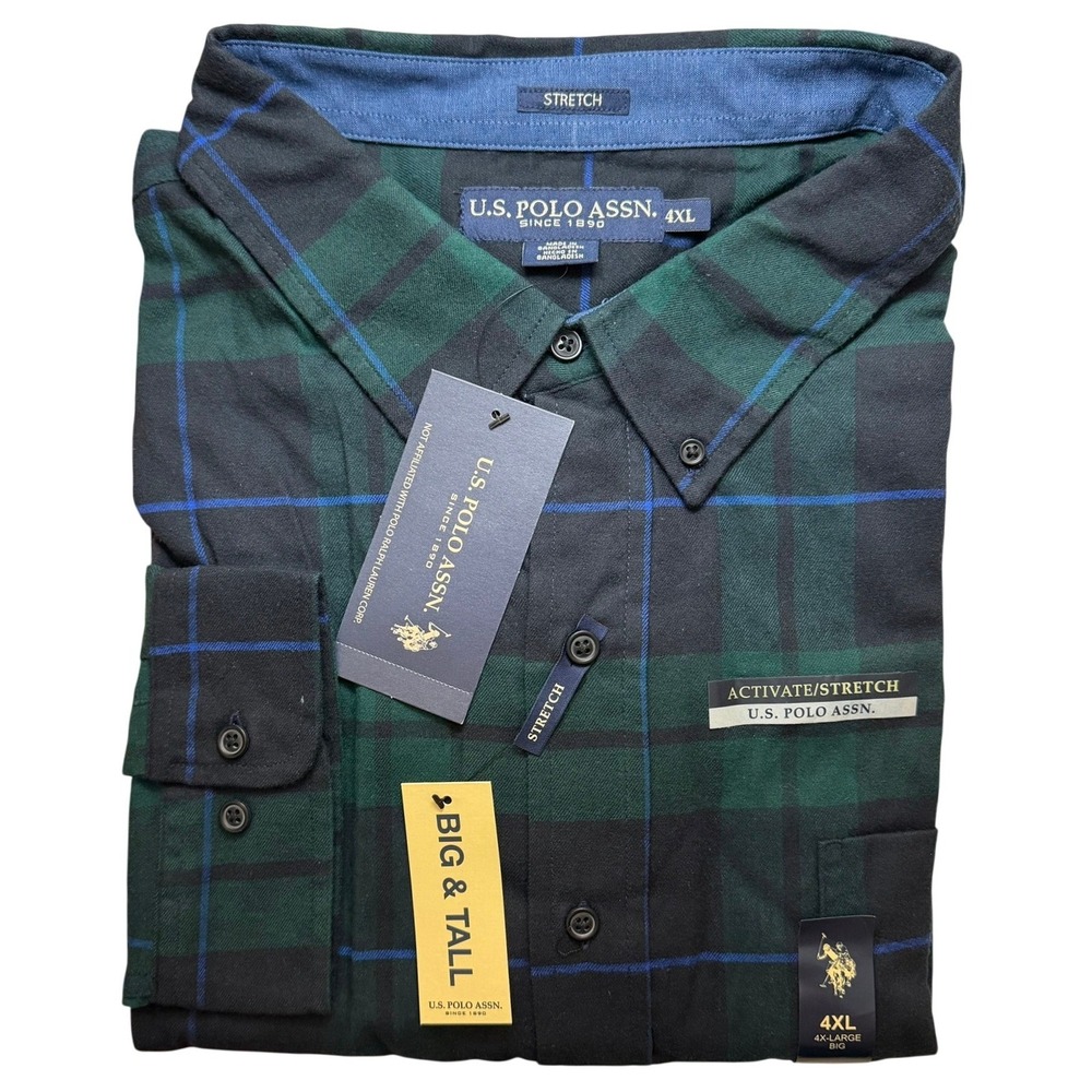 U.S. Polo Assn. Flannel Shirt Mens 4XL Green Plaid Stretch Big & Tall NWT